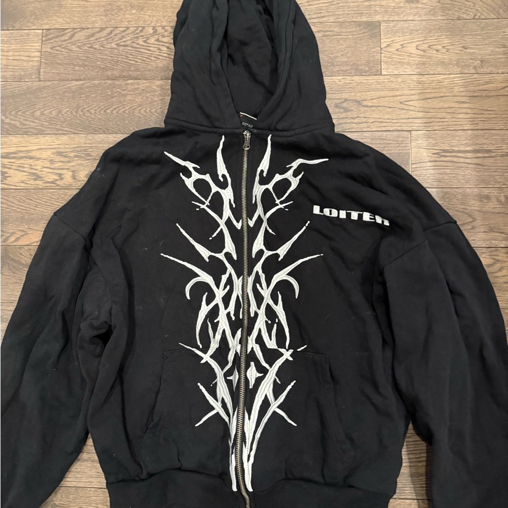 Black Zip Hoodie with White Tribal Print